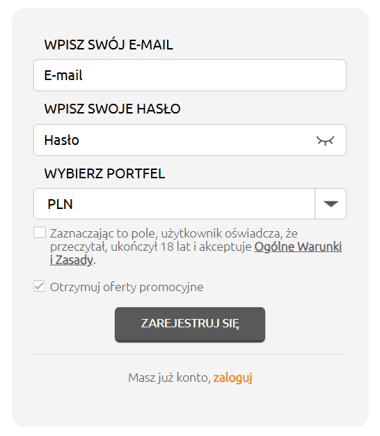 Formularz rejestracji w Pelican Casino